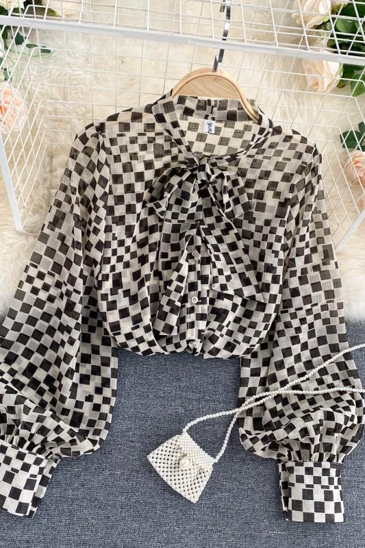 

Autumn 2020 women blouse French style bow round neck long sleeve plaid chiffon blouse women