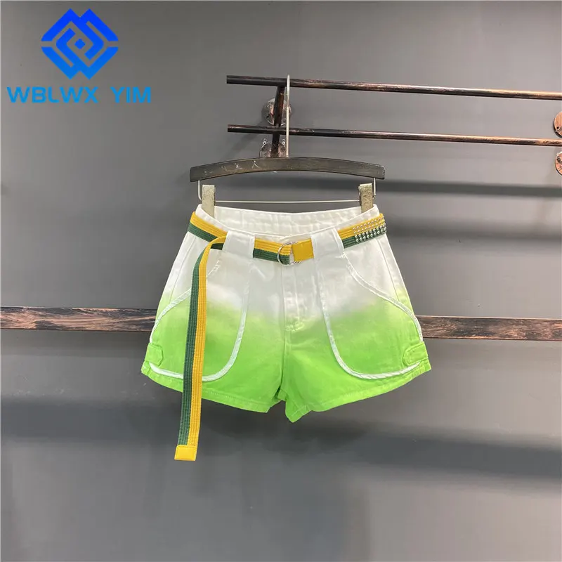 

Джинсовые шорты женские, с высокой талией, с карманами, с градиентным цветом, свободные, широкие, летние