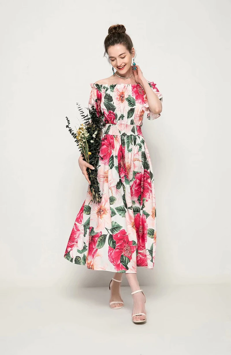 

Women Rose Floral Print Chiffon Ruffles Beach Asymmetrical Loose Dress Ladies Midi Dress One-line neck strapless sexy midi dress