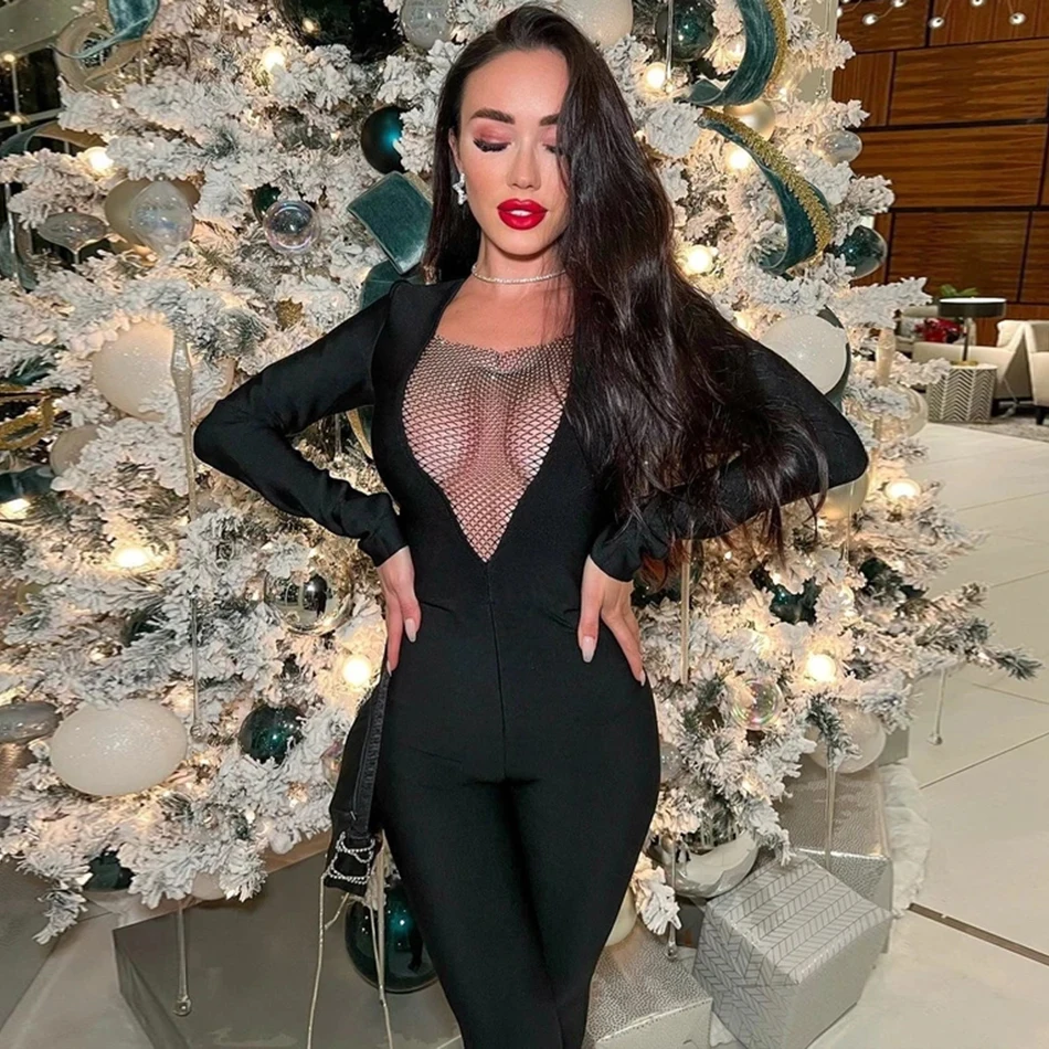 Женский комбинезон с длинным рукавом Черный Вечерние легающий V-образным вырезом
