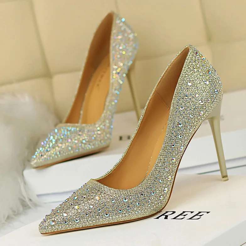 

New Women Pumps Glitter Crystal High Heels For Women Shoes Gold Black Elegant Wedding Chaussures Femme Stiletto 2019