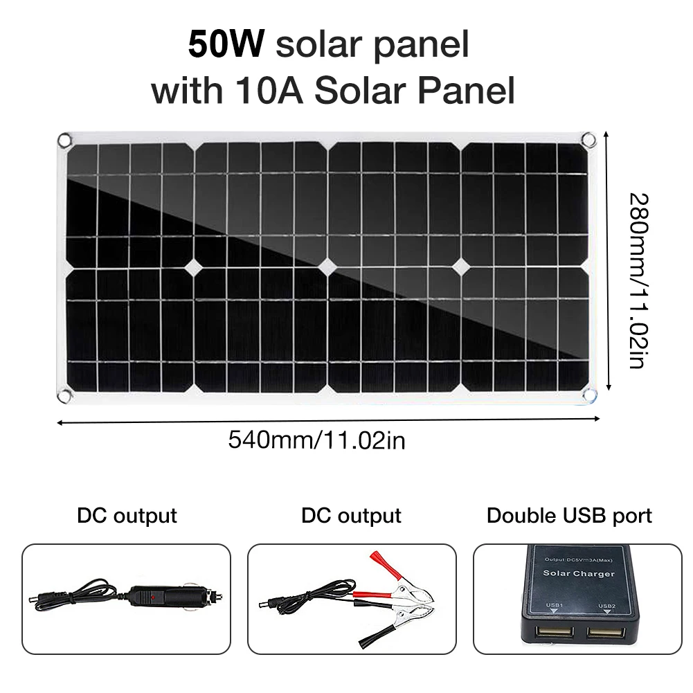 

50W Charging Solar Panel Board 18V Monocrystalline 4-level PWM Outdoor Cycling Hiking Camping Charging Mobile Phones MP3 Tablets