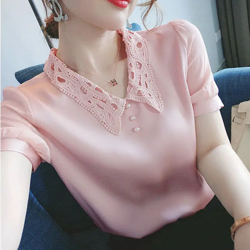 

PIPIMOTHER Women Korean Casual Loose V Neck Chiffon Short Sleeve Shirt