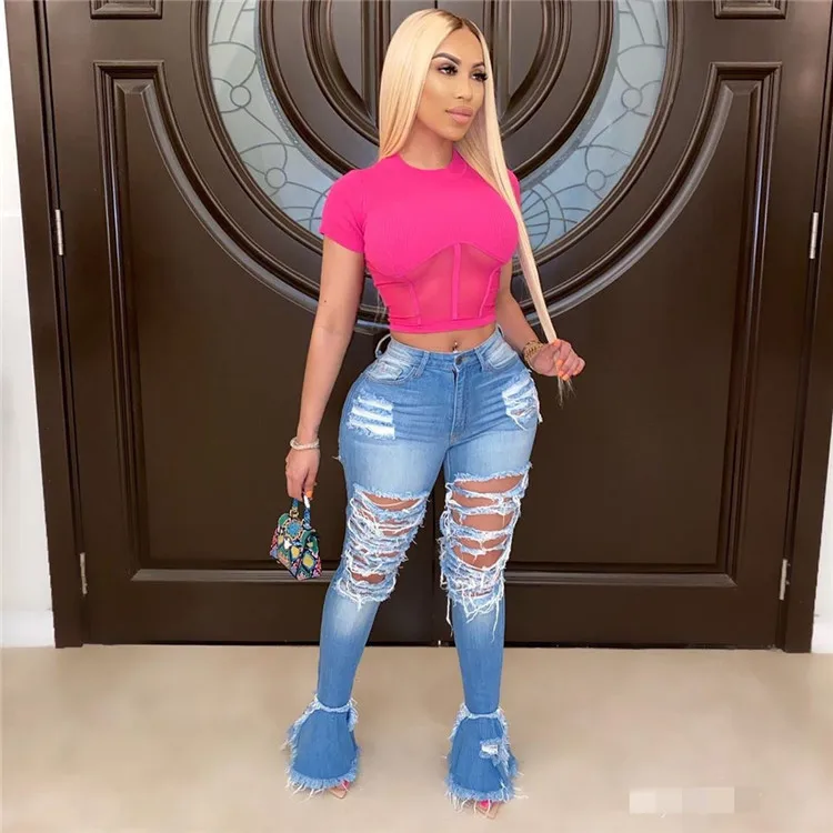 

2020 new trendy woman ripped flared jeans fashion casual skinny boot cut jeans street style denim long pants S-3XL
