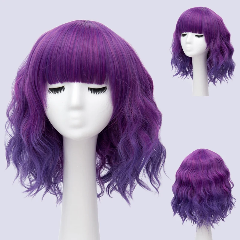 GAKA Synthetic Hair Women's Short Curly Green Purple Cosplay Wig with Bangs Heat-resistant Wig