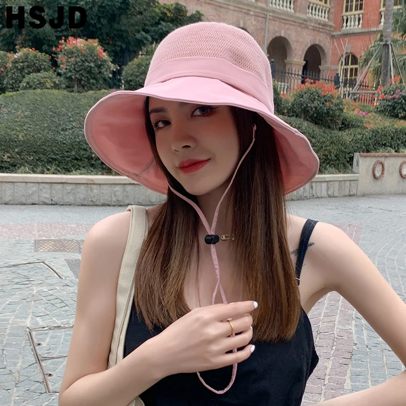 New Spring Summer Women's Sun Hats Lovely Bowknot Floppy Top Bucket Hat Wide Brim Foldable Anti-UV Visor Bonnet Female Cap
