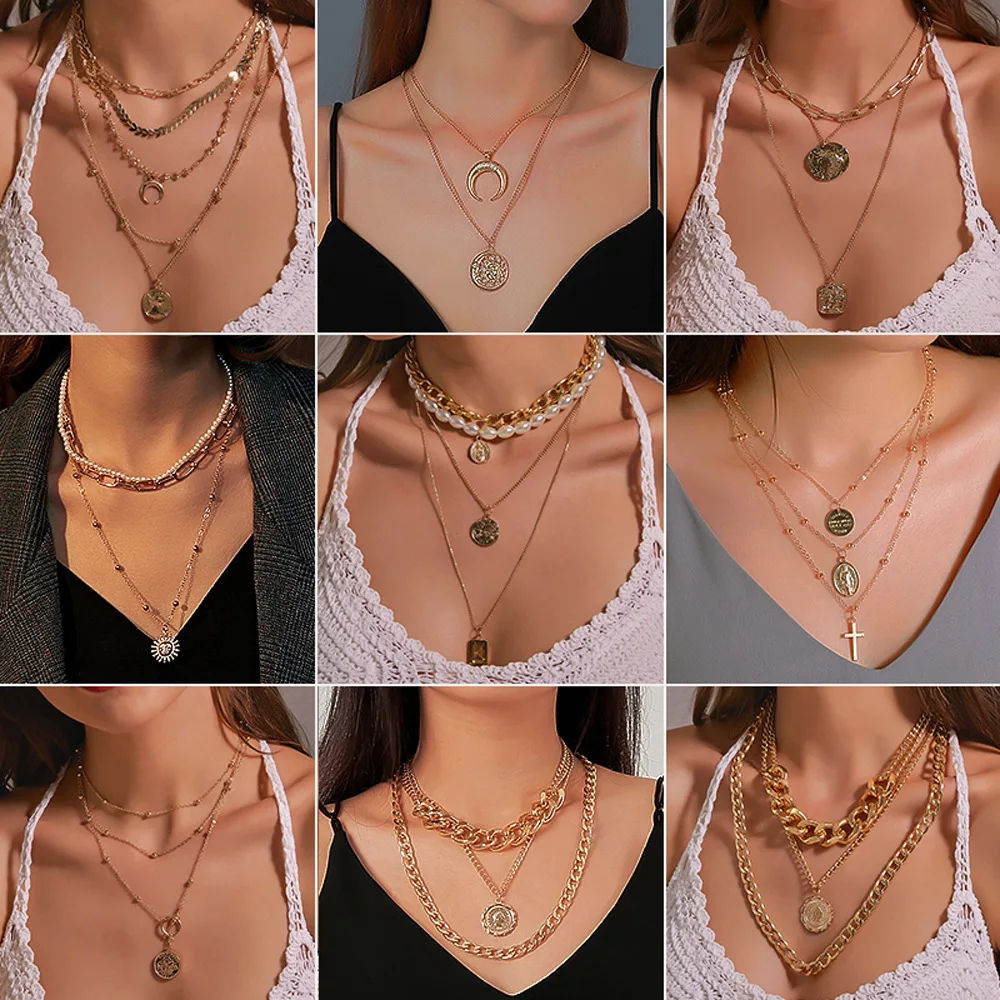 

Fashion new Korean style golden multi-layer portrait pearl necklace retro exaggerated pendant set clavicle chain female