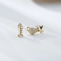 s925 sterling silver personality asymmetric fishbone cat shape earrings student fresh diamond earrings