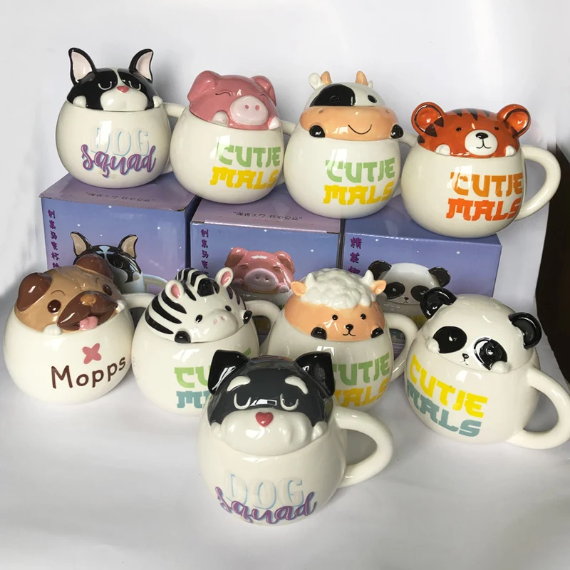 

3D Creative Animal Cup Ceramic Funny Panda Sheep Bulldog Dog Cow Coffee Mug With Cover Gift Collection For Friends Kids
