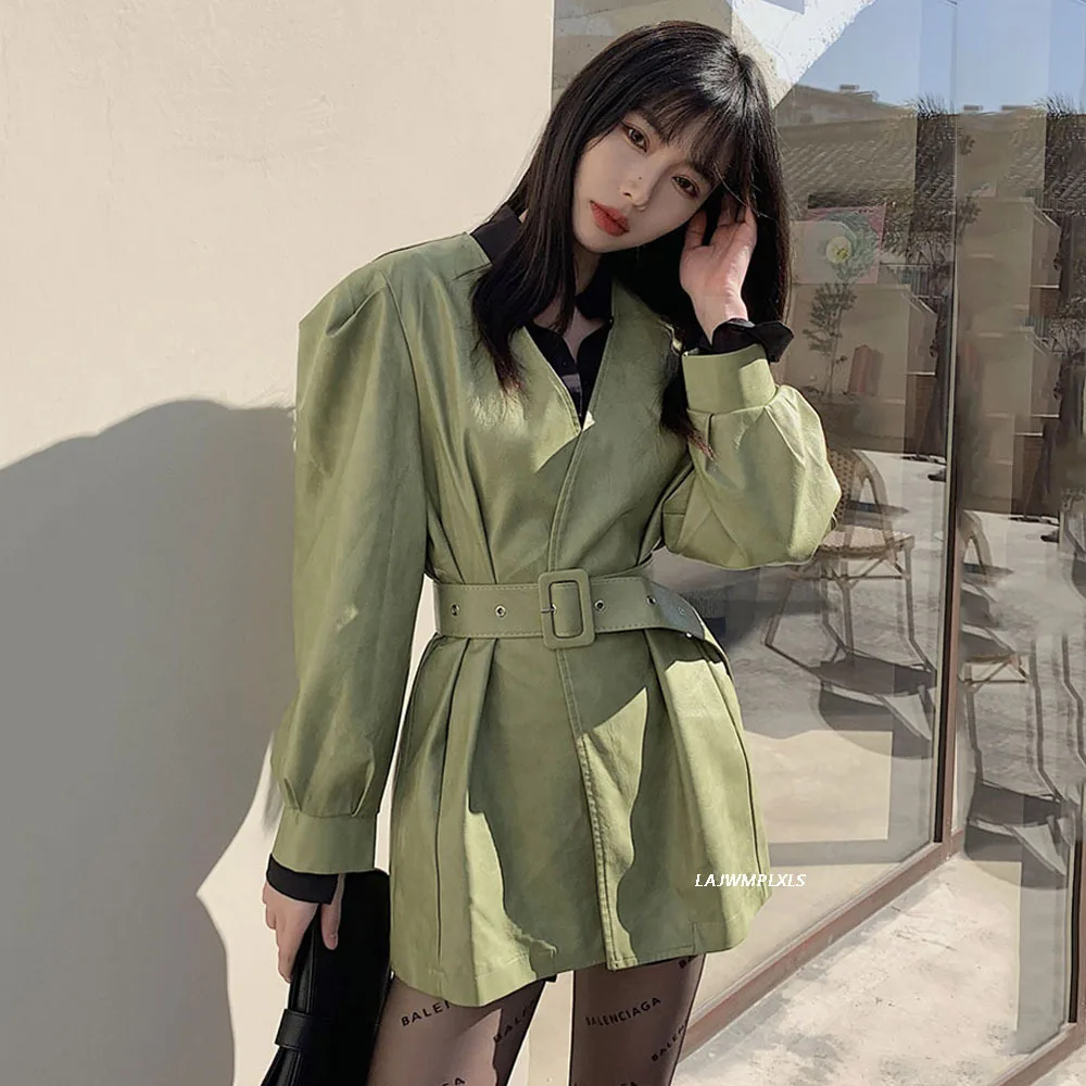

2021 New Spring Autumn Women Puff sleeve Faux PU Leather Jacket Casual Female Streetwear Outwear Leather Coat with Belt