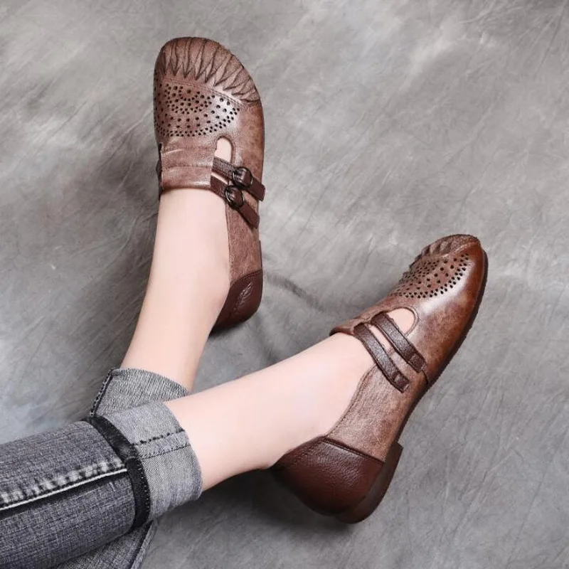 2021 Spring Flat Shoes Autumn Woman Retro Handmade Shoes Women Casual Shoes Genuine Leather Soft Bottom Ladies Shoes Flat Shoes