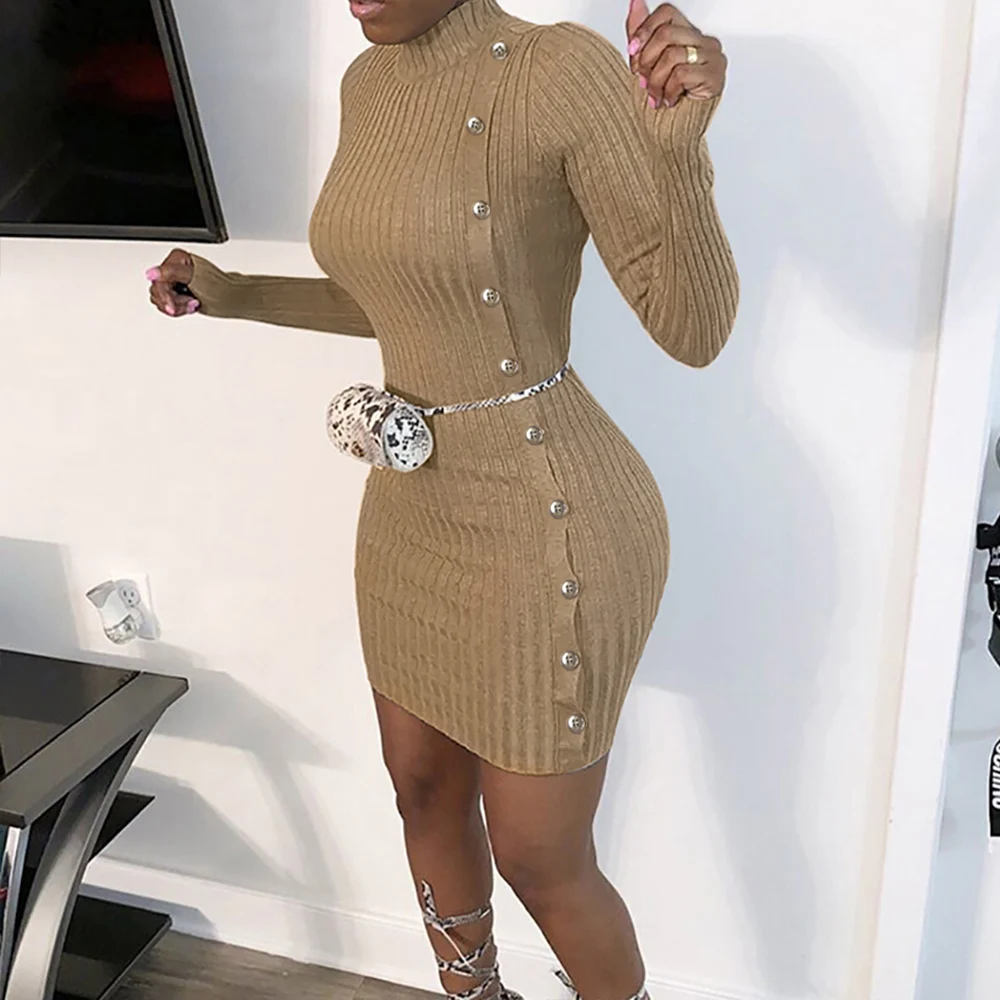 

Office Lady Commute Long Sleeve Skinny Dress Casual O Neck Button Sexy Dress Fashion Winter Women Outerwear Solid Above Knee D30