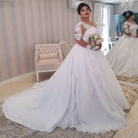 elegant plus size wedding dress luxury lace appliques sheer neck long sleeves a line tulle sweep train bridal gowns