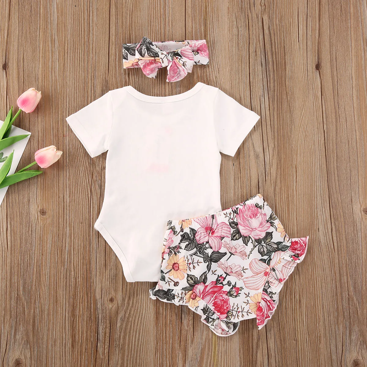 

0-24M Newborn Baby Girls Boys Clothes Sets 3pcs Flowers Print Short Sleeve Romper Tops+Shorts Headband