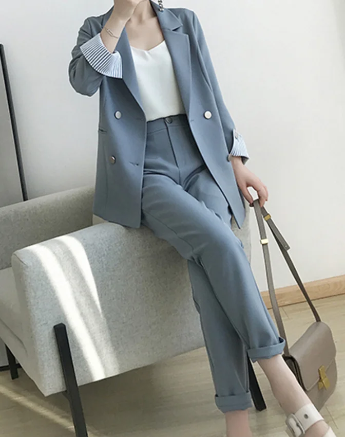 blue Pants suit Женские костюмы осенние новые женские темпераментные двубортные розовые Большие размеры костюм куртка повседневные штаны комплект из двух предметов - Цвет: blue Pants suit