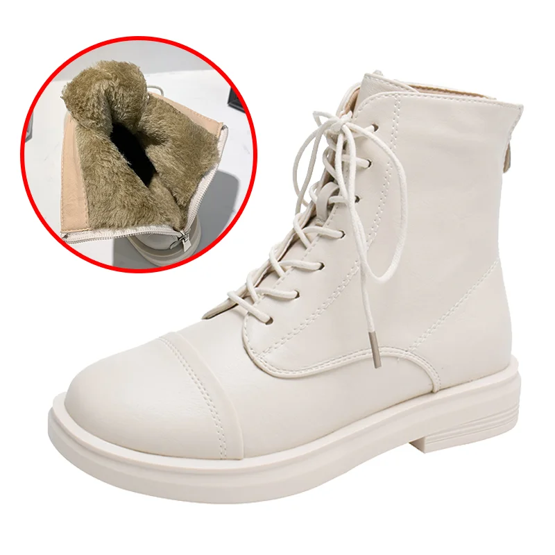 Women's Winter Boots Short Plush Black Beige Fashion Boots Leather Ankle Boots Casual Warm Martin Boots Boots Female Women Shoes