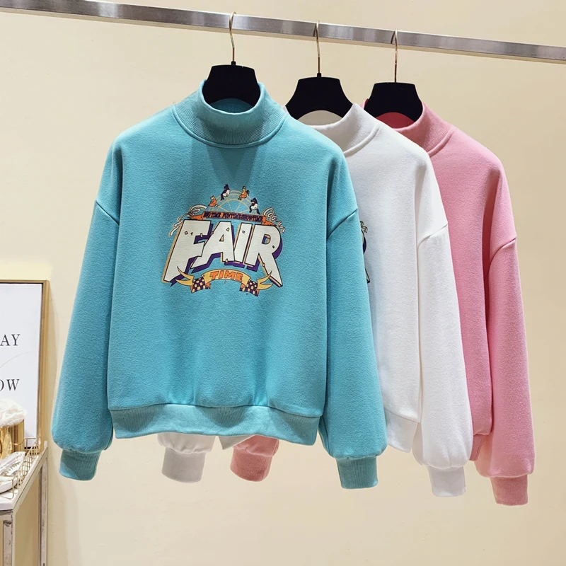 

Spring and Autumn 2021 New Alphabetic Print and Fool Ladies Sweater Short Loose Half Turtleneck Top