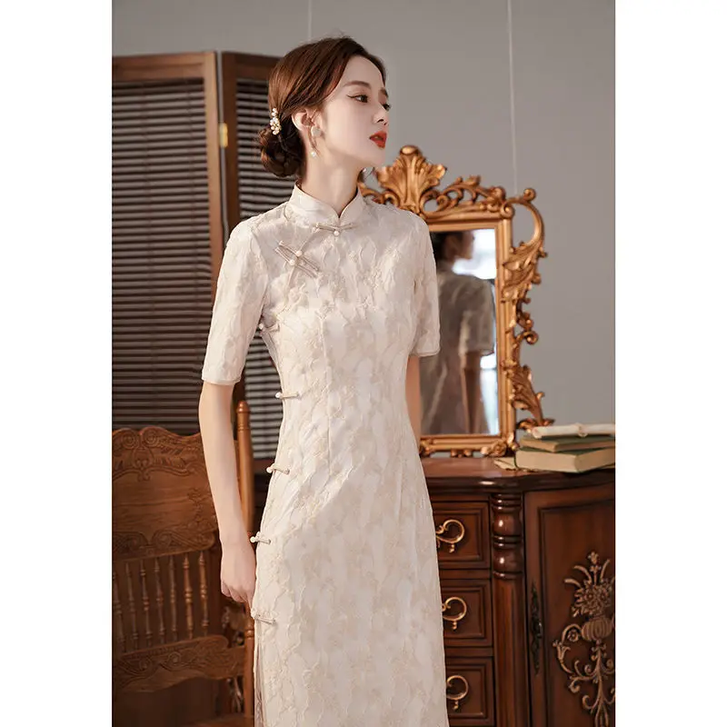 

Cheongsam Republic of China Girl Temperament Young Retro Medium and Long Modified Lace Dress Daily Wear Summer