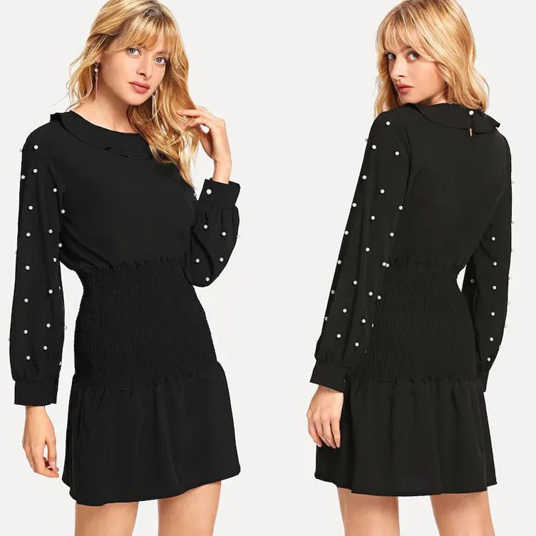 Платье с длинным рукавом и бусинами круглым вырезом узкой талией V155 новый дизайн