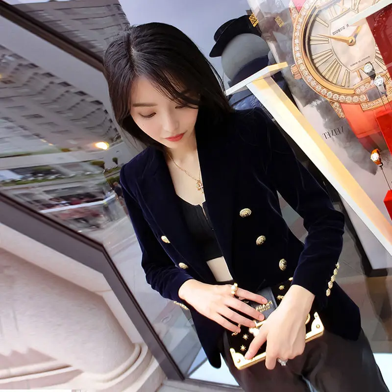 

Velvet Blazer short coat women's autumn and winter new velvet slim and versatile double breasted long sleeve solid color suit