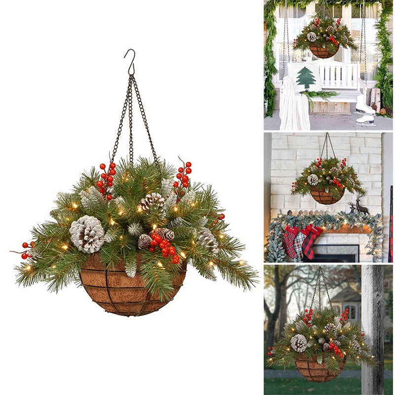

Искусственная Рождественская подвесная корзина, Флокированная с смешанными украшениями и белыми светодиодными лампочками, подвесное укра...