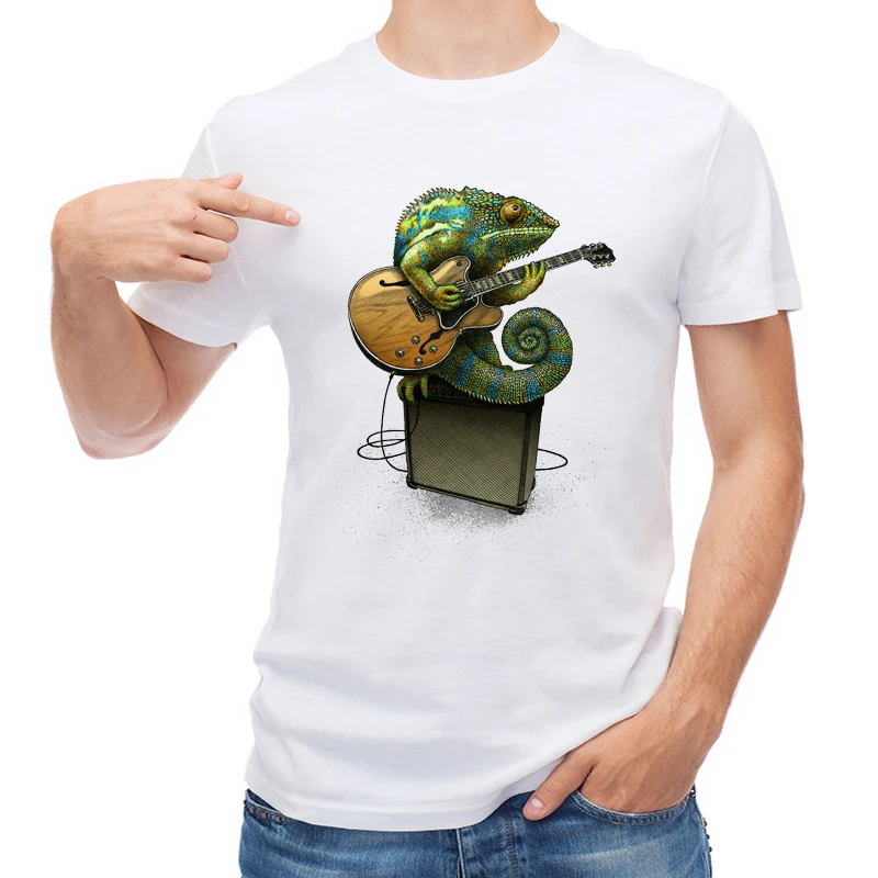 

TEEHUB Newest Chameleon Plays the Blues Men T-shirt Vintage Animal Printed Short Sleeve T Shirt O-Neck Tops Cool Tees