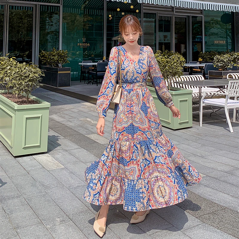 

Hebe&Eos Autumn Maxi Dress For Women 2021 Beach Ruffle Long Dresses With Full Sleeve Print Floral Dress V Neck Chiffon Robe