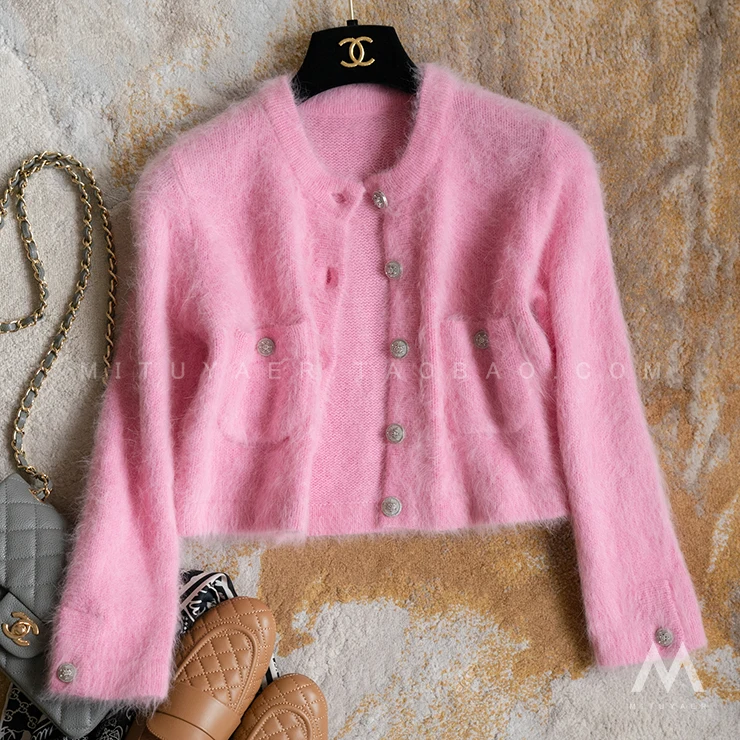Женский короткий вязаный кардиган элегантный розовый/белый из искусственного