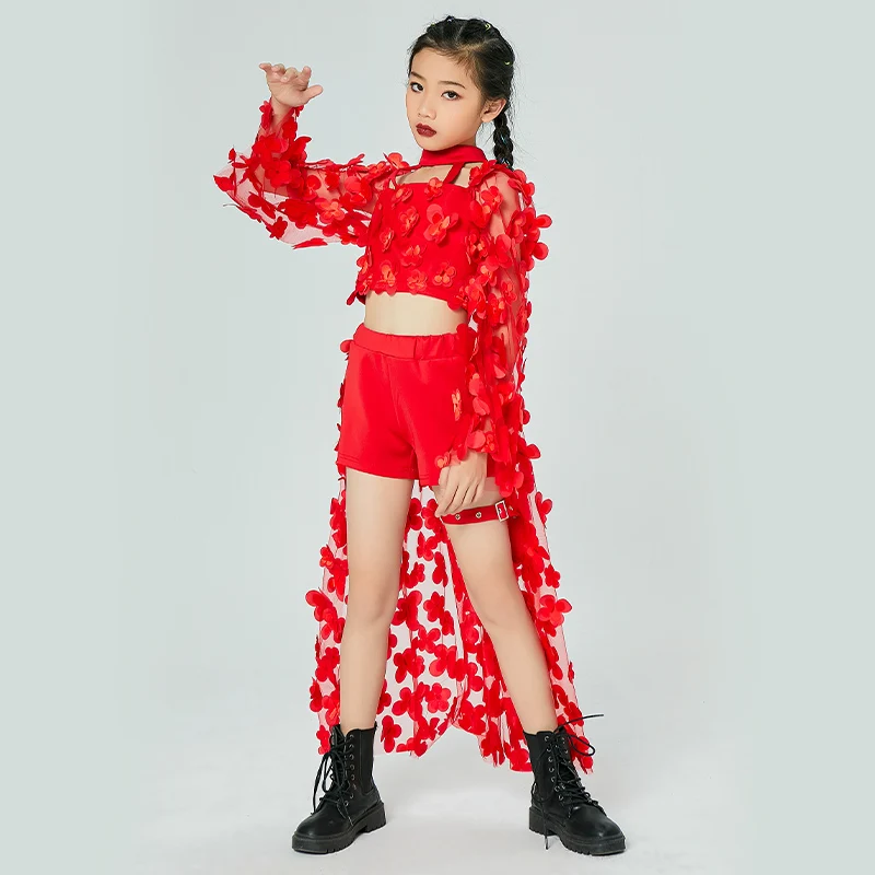

2021 Girls Jazz Dance Costume Hip Hop Performance Red Outfit Kids New Year Festive Wear Rave Modern Ballroom Dancing Clothes