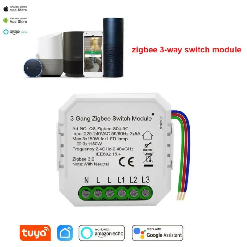 

Умный мини-модуль переключателя Tuya Zigbee, реле с 3 клавишами, беспроводное управление, поддержка Alexa, Google Home, Яндекс. Алиса