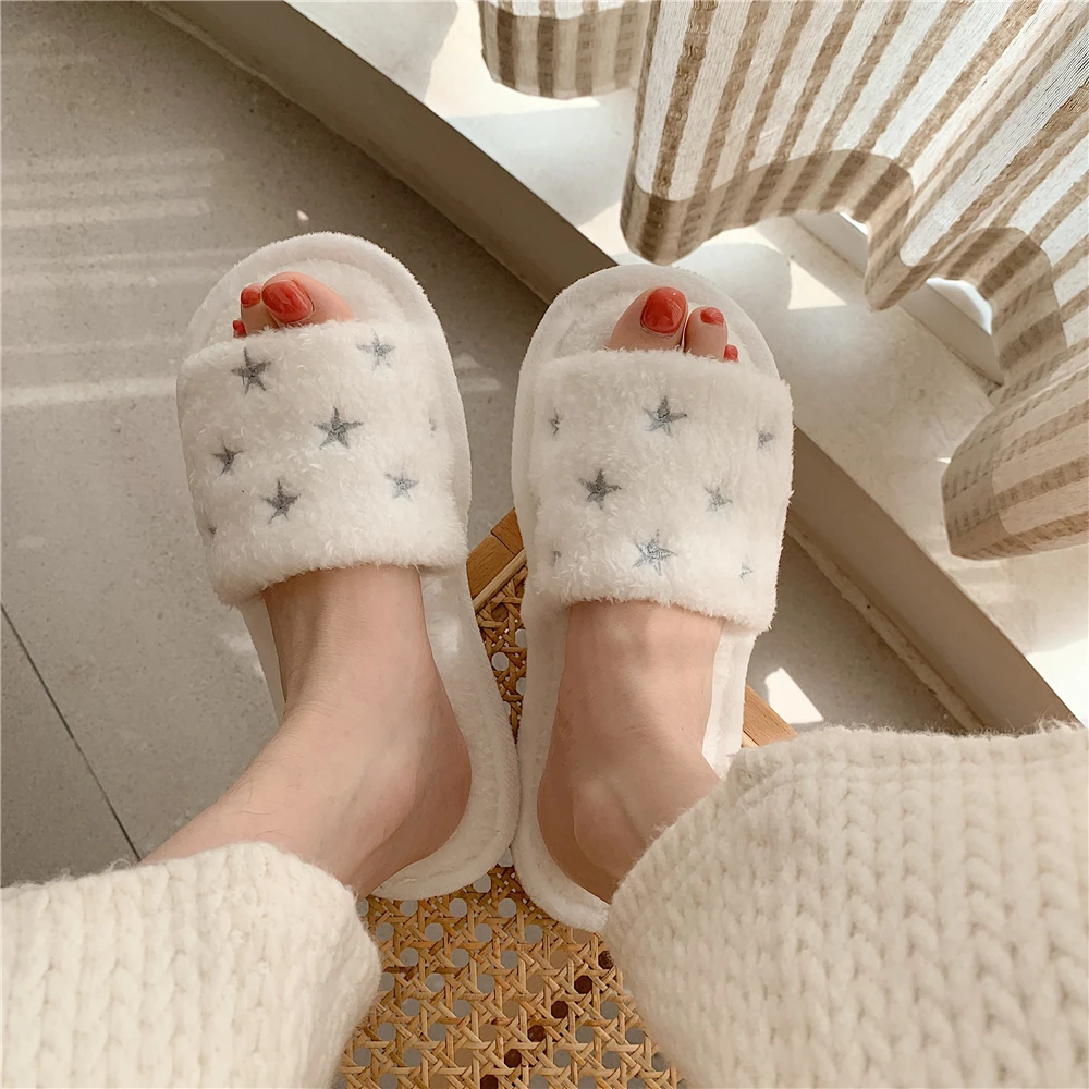 

Embroidery Star Soft Slippers With Fur For Home Fluffy Plush Winter Slippers Warm Fuzzy House Slipper Female Women Slides Shoes