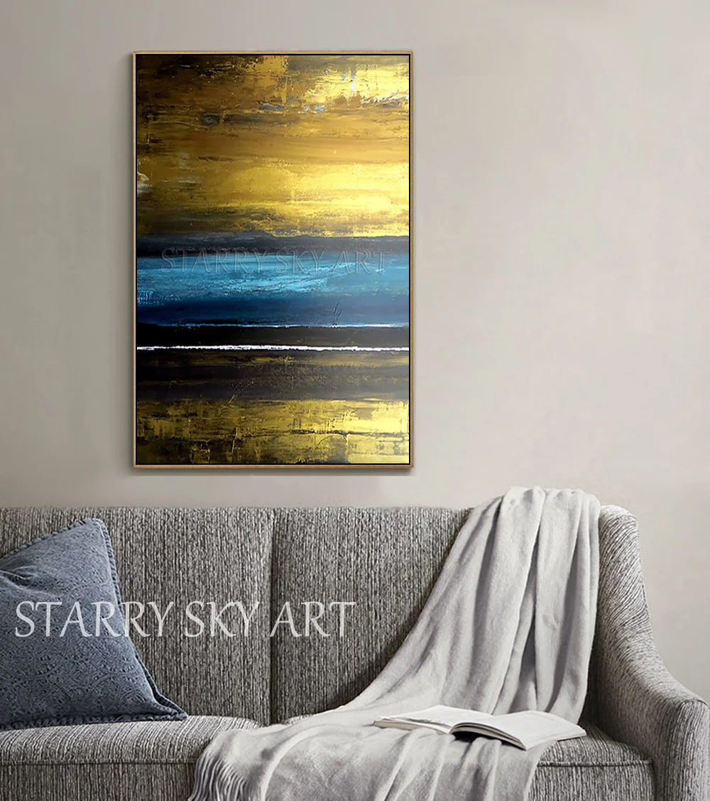 

Artist Hand-painted Abstract Acrylic Painting Gold and Blue Colors Abstract Picture for Wall Art Abstract Gold Acrylic Painting