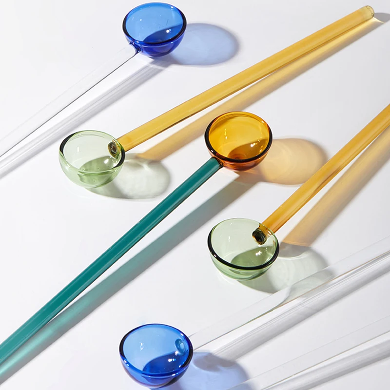 Бытовая красочная стеклянная ложка с длинной ручкой для сока прозрачная