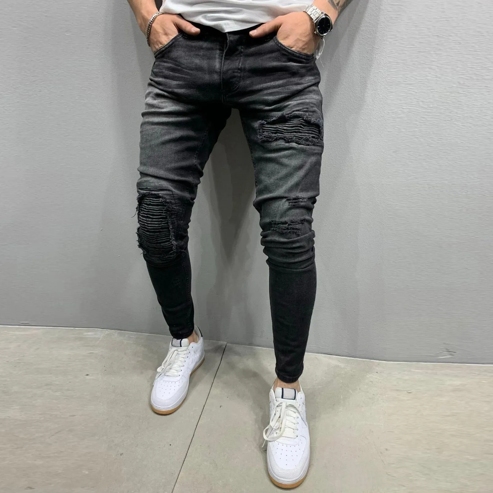 Fashion Men High Waist Zipper Casual Slim Denim Ripped Hole Vintage Stretch Hip Hop Trousers Skinny Jeans Pants Large Size#35 | Мужская