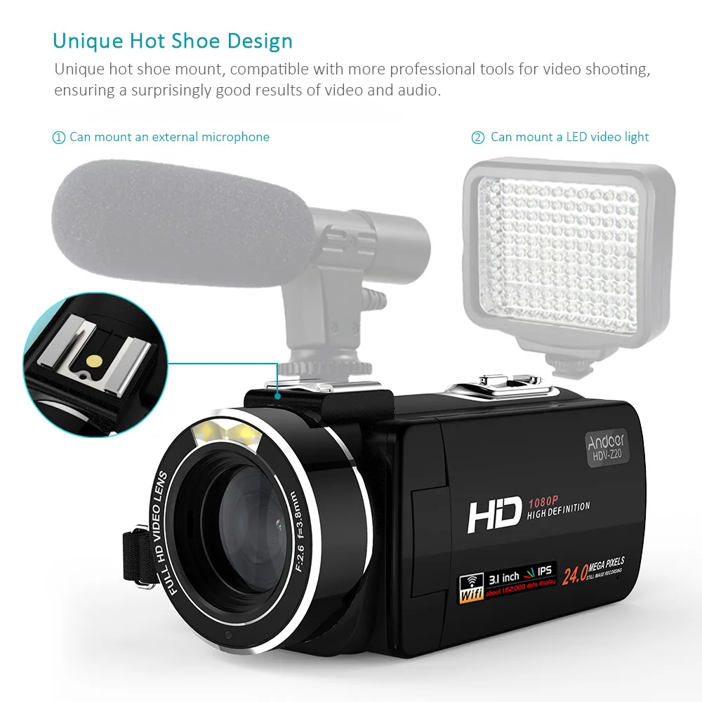 Andoer HDV-Z20, WiFi, портативная цифровая видеокамера с разрешением 1080 P, Full HD, макс. 24 мегапикселя, 16 × цифровой зум, видеокамера с сенсорным экраном ips