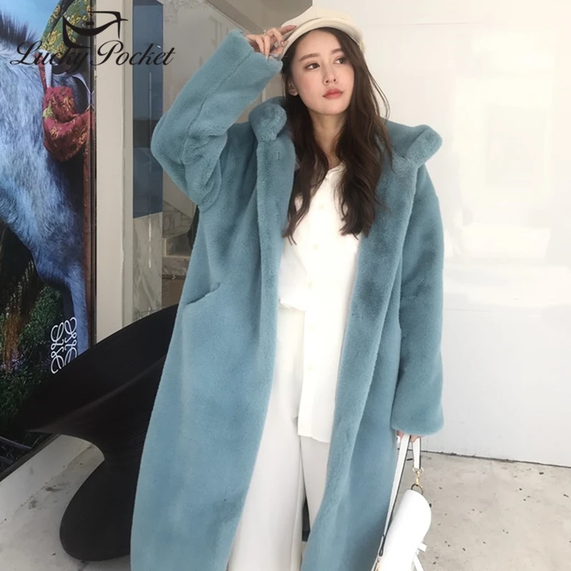 

Women Winter Thick Mid-Length Solid Color Plush Coat Ladies Fashion Keep Warm Big Pocket With Cap Plus Size Blue Fur Coat ZY105