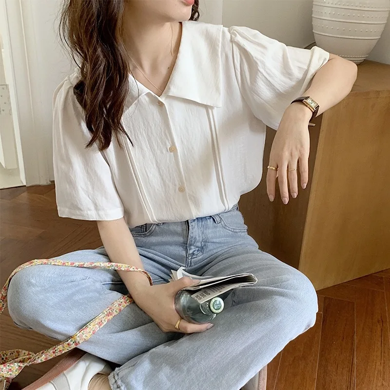 

Новая женская Повседневная Базовая летняя блузка Топ белая рубашка с коротким рукавом S ~ XL