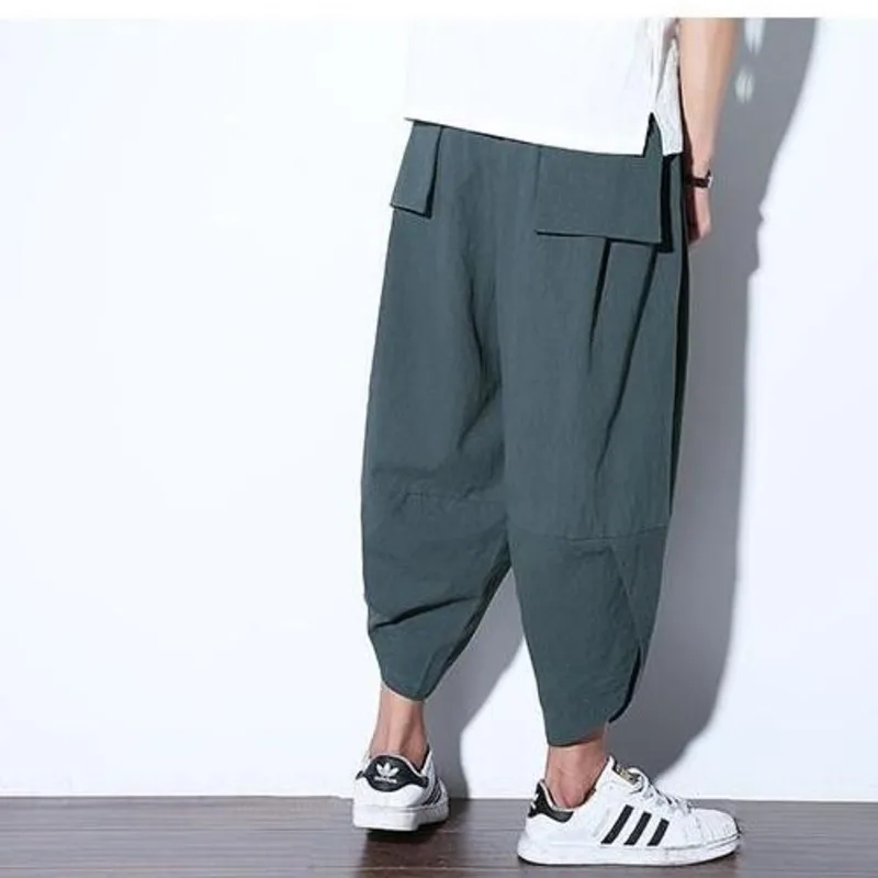 #2532 летние хлопковые льняные широкие брюки для мужчин с эластичной резинкой на