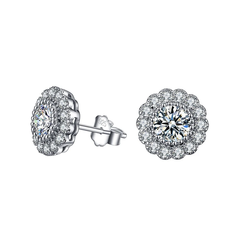 

ANZIW Elegant 925 Sterling Silver Flower CZ Stud Earrings Silver Halo Stud Earrings Women Engagement Wedding Jewery Earrings