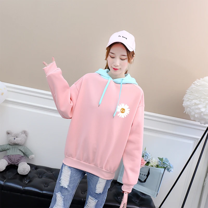 

Daisy Print Hoodies Sweatshirt Women Autumn Winter Fleece Hit Color Splicing Tops Harajuku Kawaii Funny Floral Tracksuit Clothes