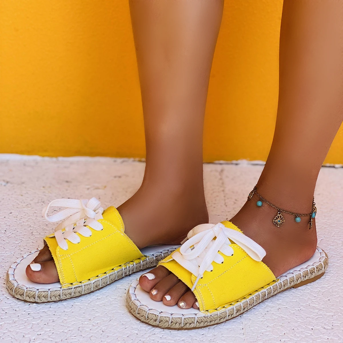 

2020 Fashion Women Canvas Sandals Breathable Summer Slippers Lace Up Open Toee Ladies Woven Wind Flats Zapatos Mujer