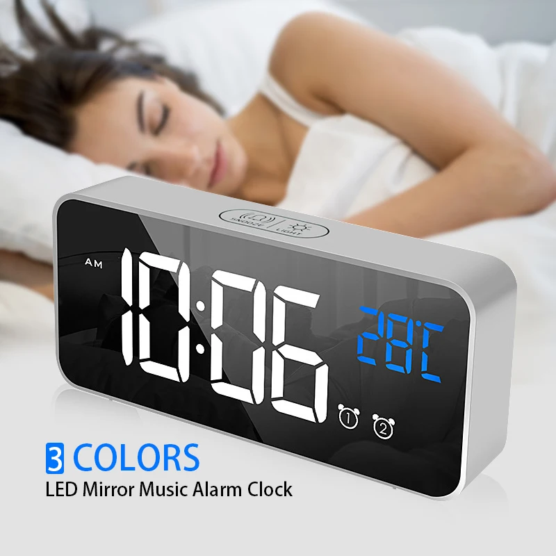 Мульти Функция светодиодный зеркальный будильник часы звук сигнала тревоги с
