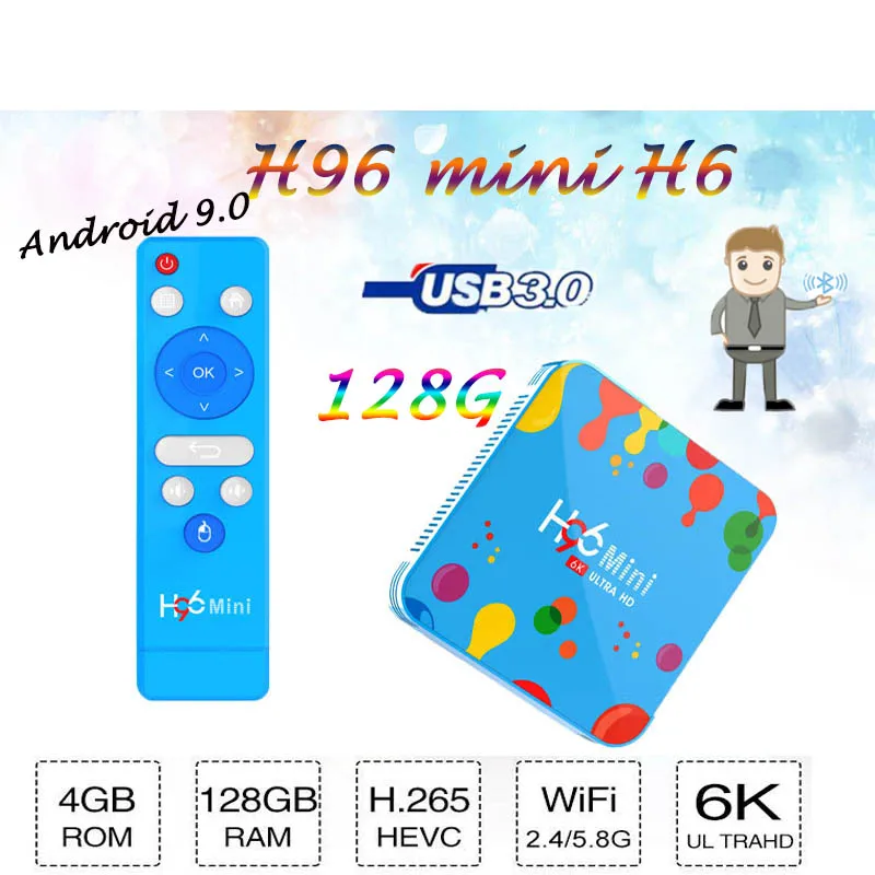 Коробка android smart tv телеприставка H96mini H6 H.265 6K HD 4G 128G медиаплеер WIFI2.4G/5G Bluetooth Youtube для