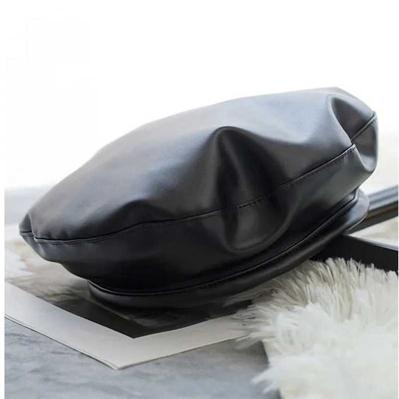Модные черные вёдра женские шапки из искусственной кожи береты одноцветные