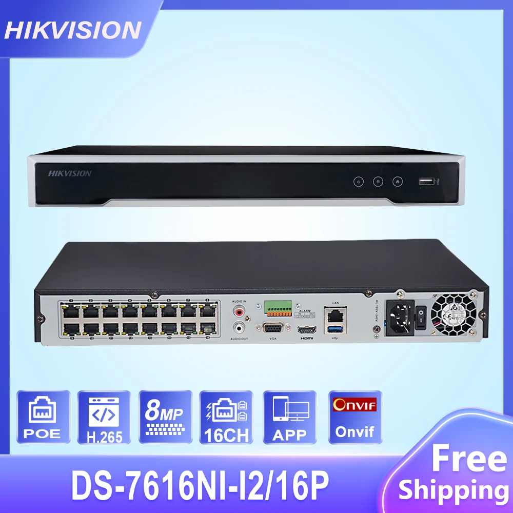 

Hikvision 16CH NVR DS-7616NI-I2/16P H.265 12MP MAX POE NVR для IP-камеры, двухстороннее аудио, устройство видеонаблюдения