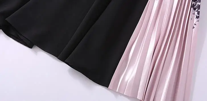 

Vintage Elegant Black Long Midi Office Lady Work Dress Summer Women Print Pleated Patchwork Dress Plus Size 3XL