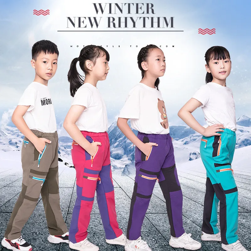 

Reflective Stripe Children's Hiking Pants Outdoor Fleece-Lined Warm Design Soft Pants Windproof Warm Boy Girl Winter Trousers
