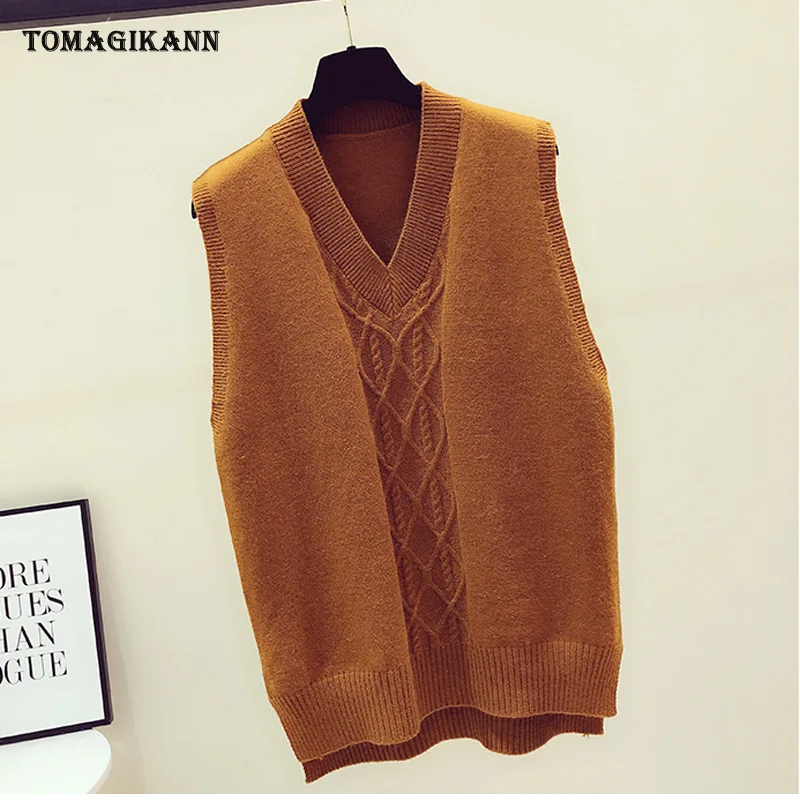 Сплошной свитер без рукавов жилет для женщин Плетеный v образный вырез пуловеры