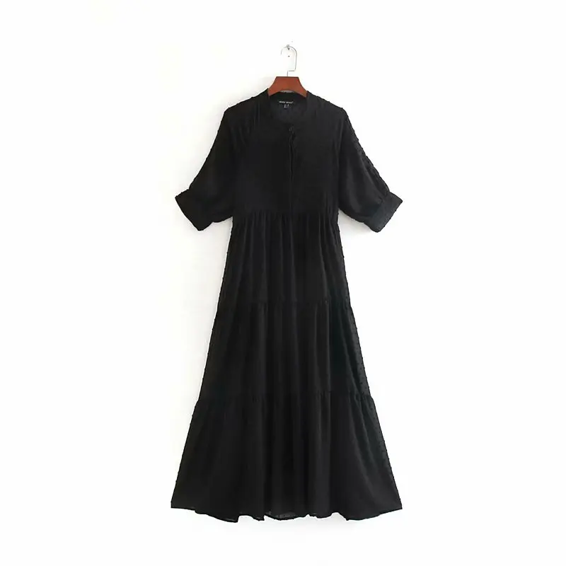 hot sale womens black chiffon dress half sleeve stand collar long dress polka dot transparent see through sexy party dress free global shipping