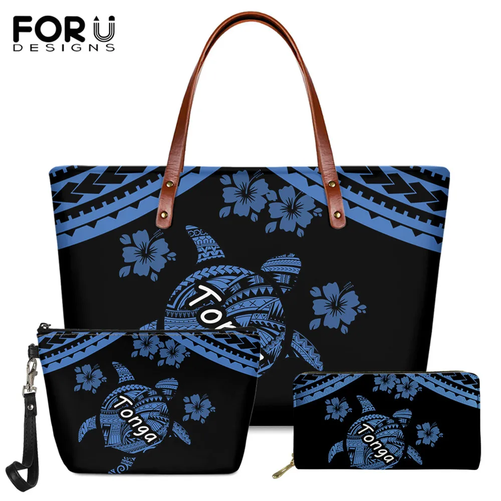 

FORUDESIGNS Blue Large Capacity Luxury Handbag Polynesian Tanga Tatton Turtle Floral Printing Brand Design 3set Women Wallet